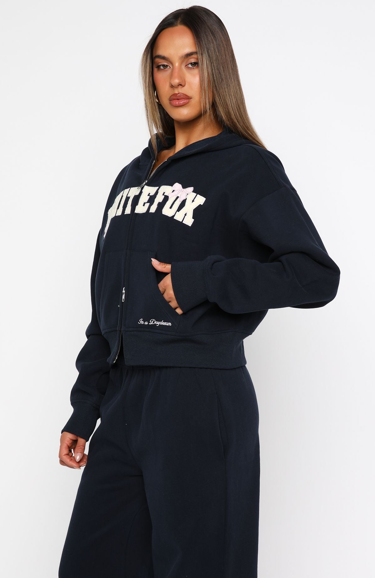 Daydreamers Madeline Boxy Zip Front Hoodie Navy