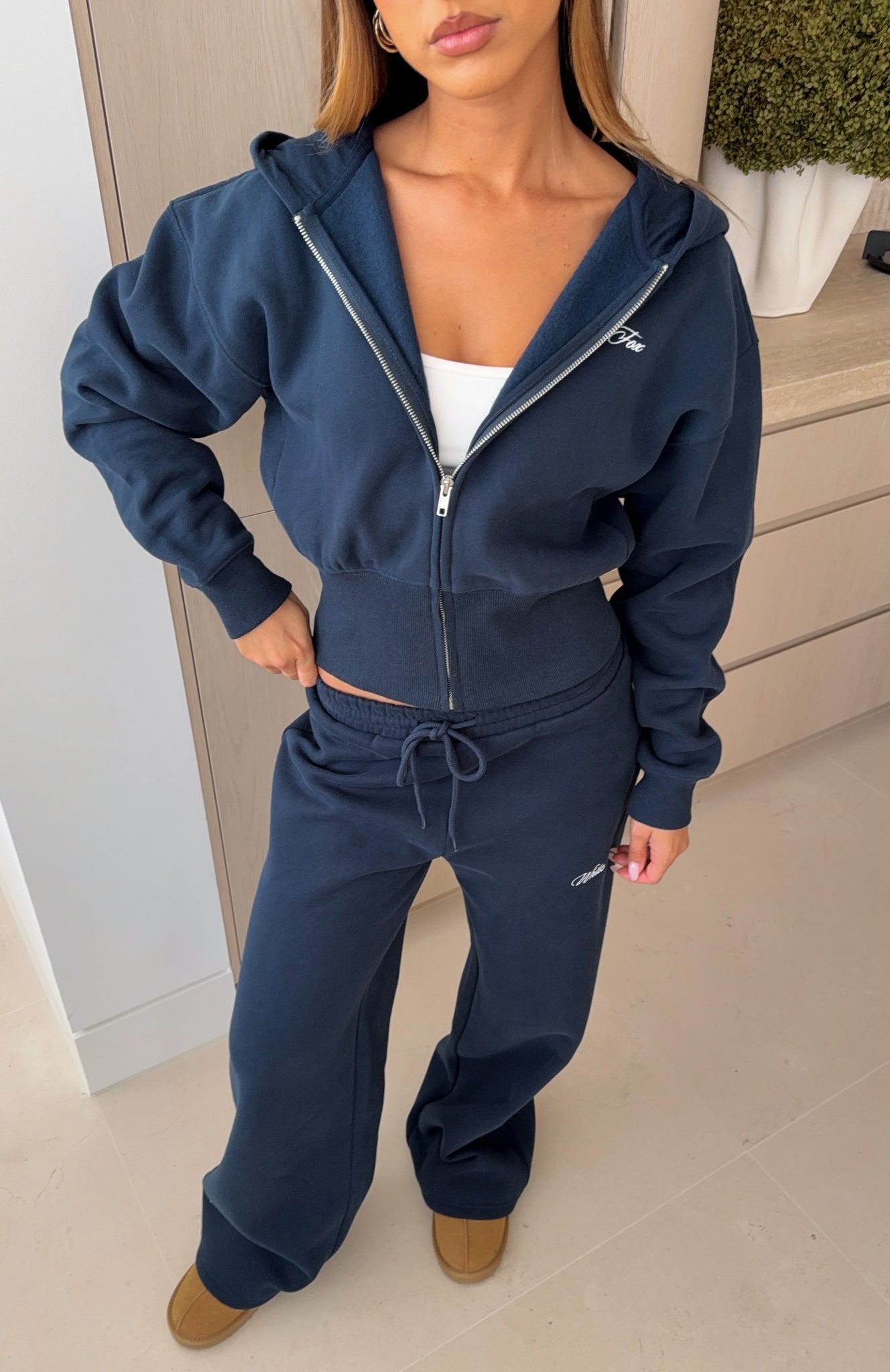 Wishing For It Cropped Cinched Zip Front Hoodie Navy